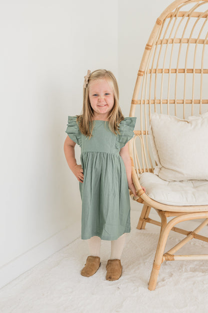 Sage Green Solid Color Ruffled Racer Back Gathered Dress Dress Yo Baby India 
