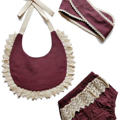 Set of 3 - Crochet Diaper Cover with Matching Bib & Headband in Burgundy