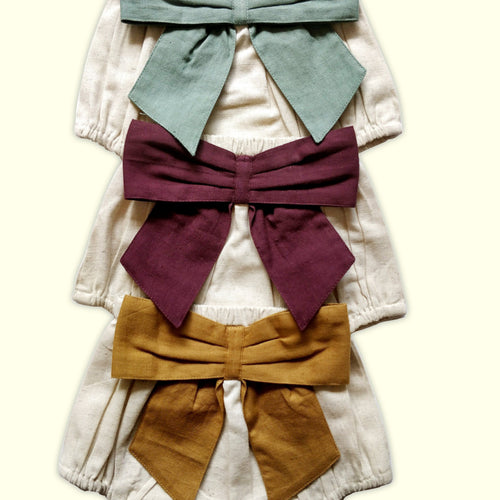 Set of 3 - Ivory Diaper Covers with Contrast Bows in Sage, Ochre & Burgundy.