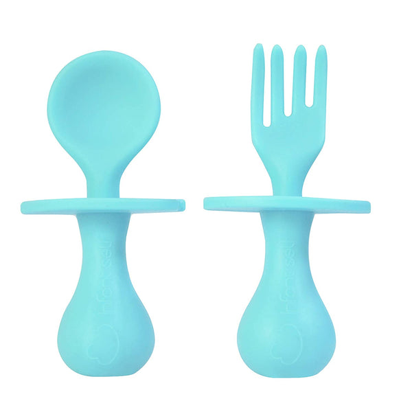 Silicone Fork & Spoon Set - Self Feeding Training Set Yo Baby India Blue 