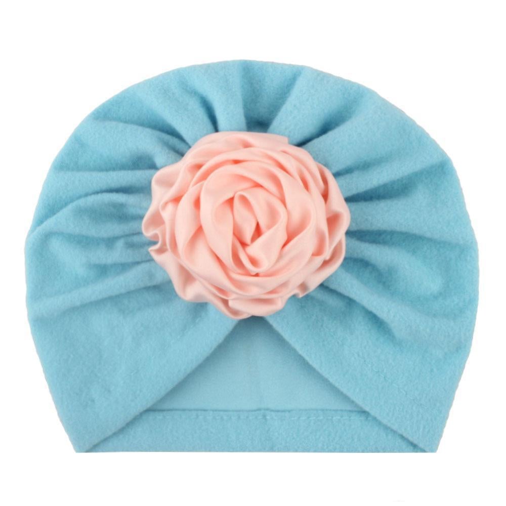 Soft Knit Flower-Turban Headband Yo Baby India Blue With Pink Rose 