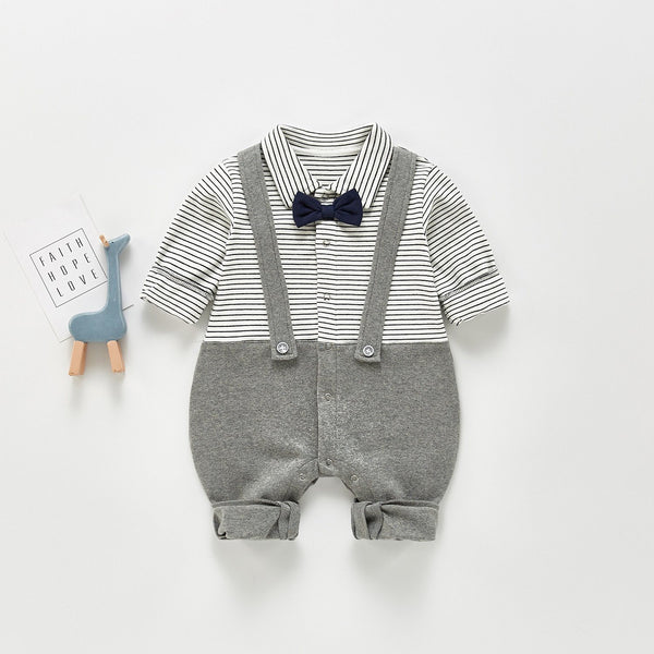 Striped Bow-Tie & Suspenders Collared T-Shirt Romper - Boys Dress Yo Baby Wholesale 