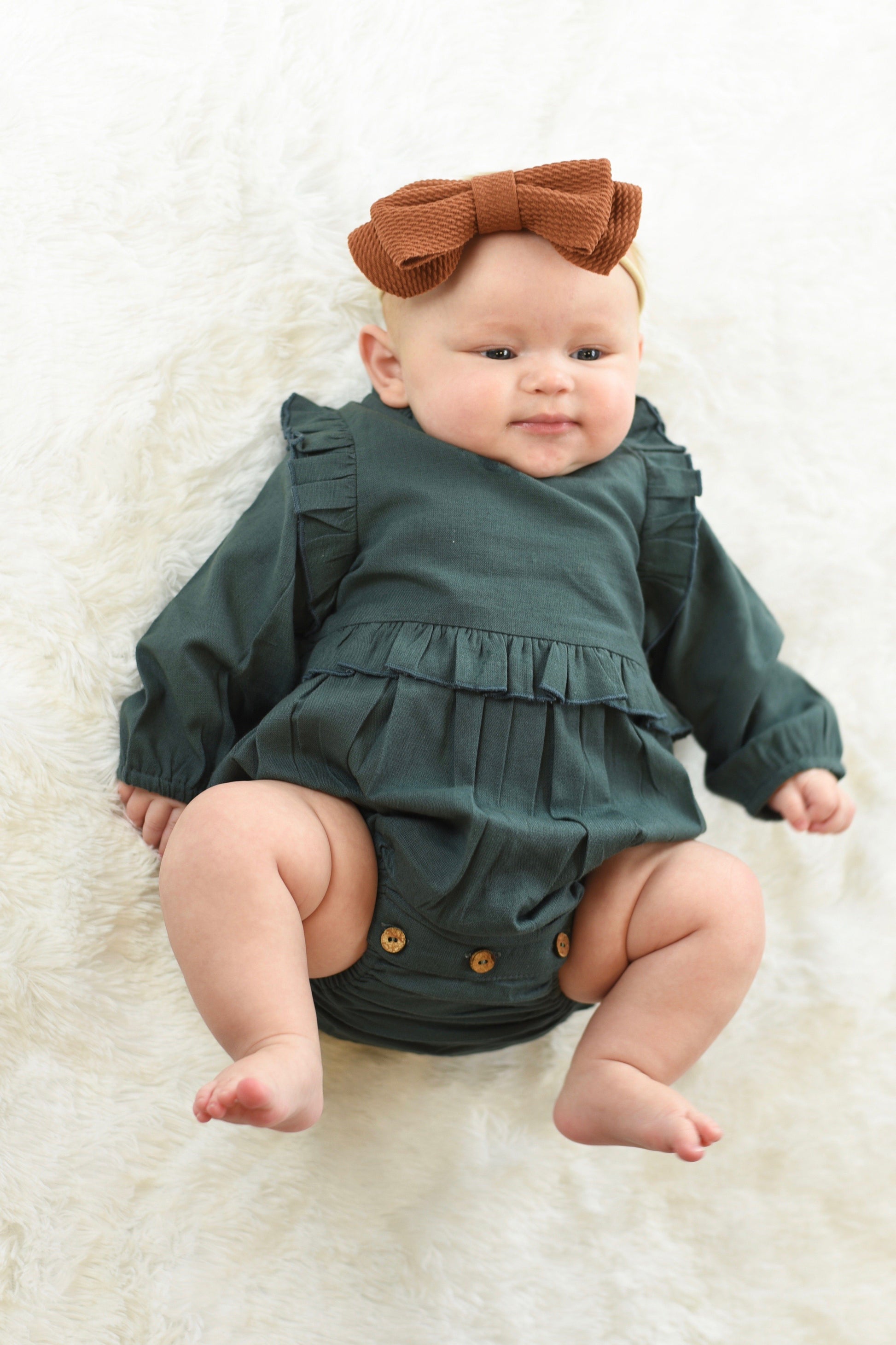 Dark Grey Full-Sleeves Ruffles Infant Romper - Main Image