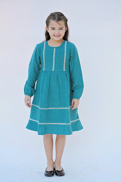 Teal Pin-Tuck and Lace Detail Dress Dress Yo Baby Wholesale 
