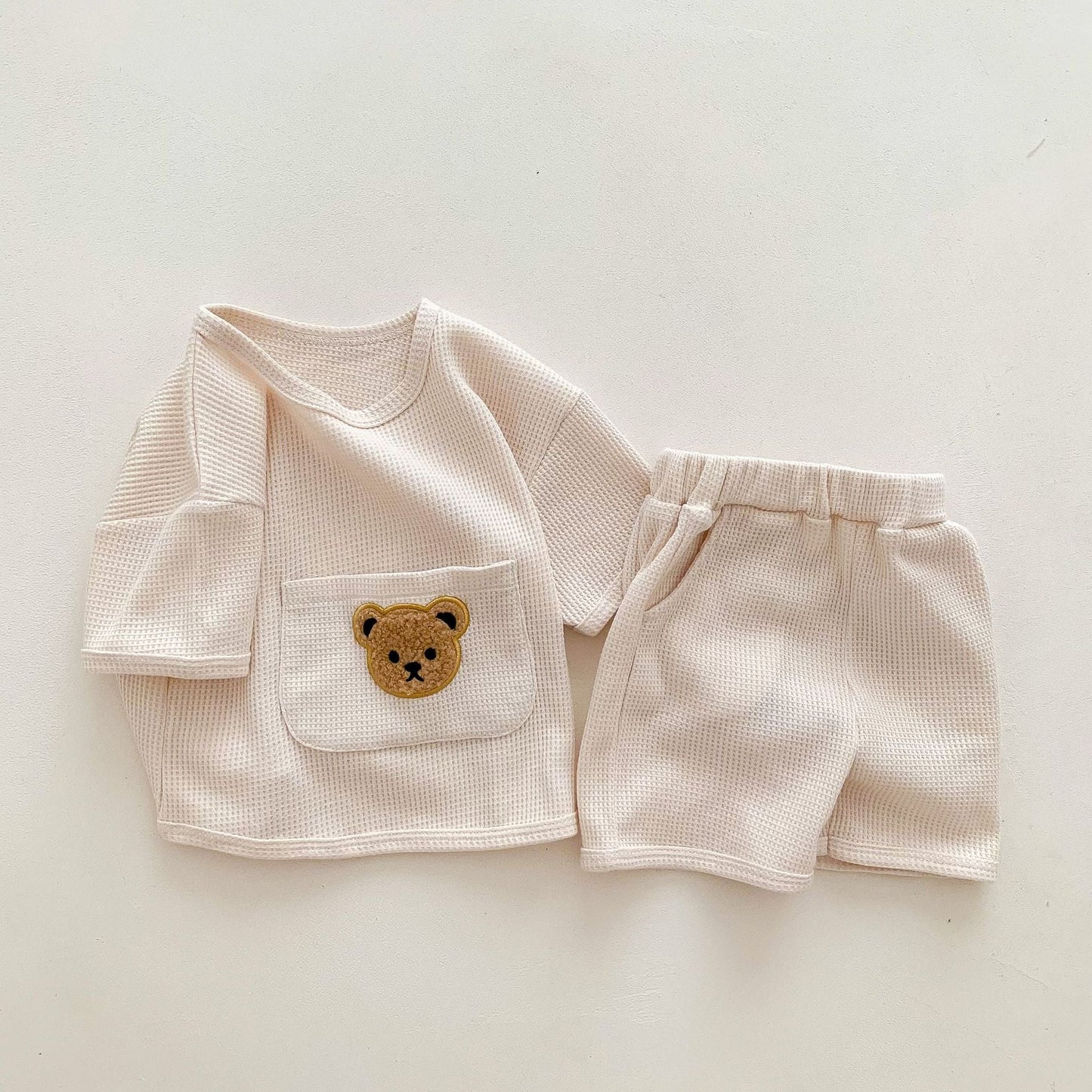 Unisex Bear Motif Waffle Knit Top & Shorts 2 Pc Set Yo Baby India 