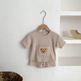 Unisex Bear Motif Waffle Knit Top & Shorts 2 Pc Set Yo Baby India 