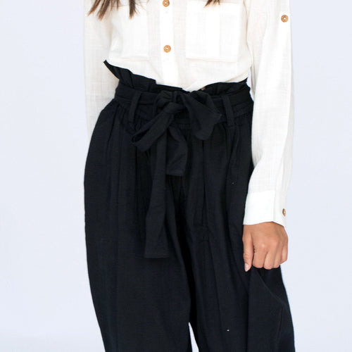 White Button Down Shirt with Black Paper Bag Pants 2 pc. Set
