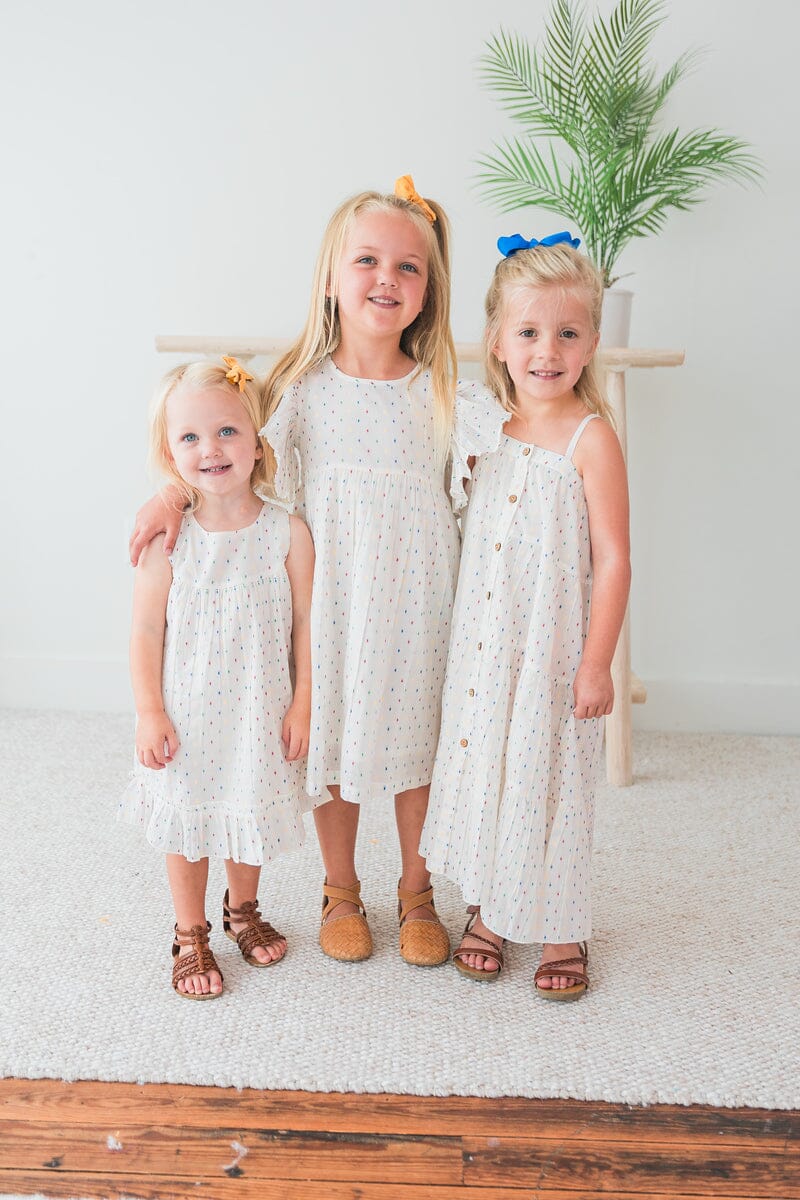 White Multicolor Dot Cotton Dobby Bottom Ruffle Dress and Bloomers dress & diaper cover Yo Baby India 