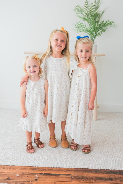 White Multicolor Dot Cotton Dobby Bottom Ruffle Dress and Bloomers dress & diaper cover Yo Baby India 