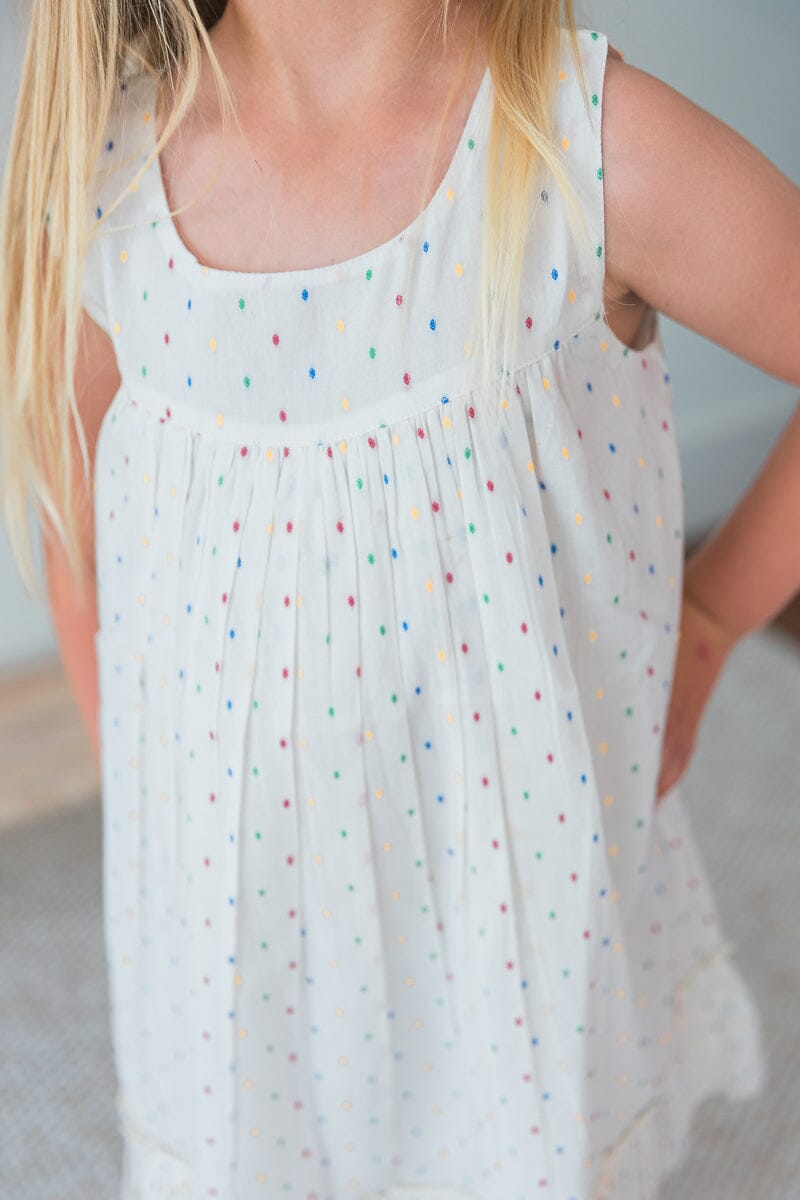 White Multicolor Dot Cotton Dobby Bottom Ruffle Dress and Bloomers dress & diaper cover Yo Baby India 