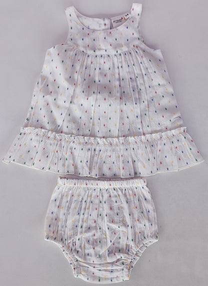 White Multicolor Dot Cotton Dobby Bottom Ruffle Dress and Bloomers dress & diaper cover Yo Baby India 