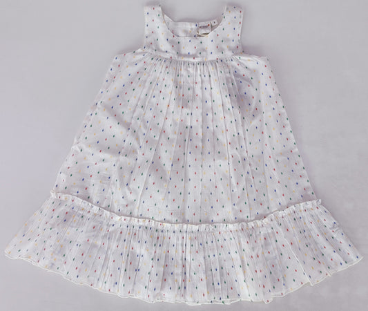 White Multicolor Dot Cotton Dobby Bottom Ruffle Dress Yo Baby India 