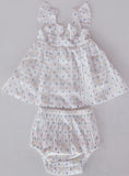 White Multicolor Dot Cotton Dobby Frill Dress and Bloomers dress & diaper cover Yo Baby India 
