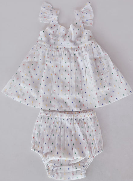 White Multicolor Dot Cotton Dobby Frill Dress and Bloomers Yo Baby India 
