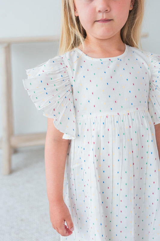 White Multicolor Dot Cotton Dobby Frill Dress Dress Yo Baby India 