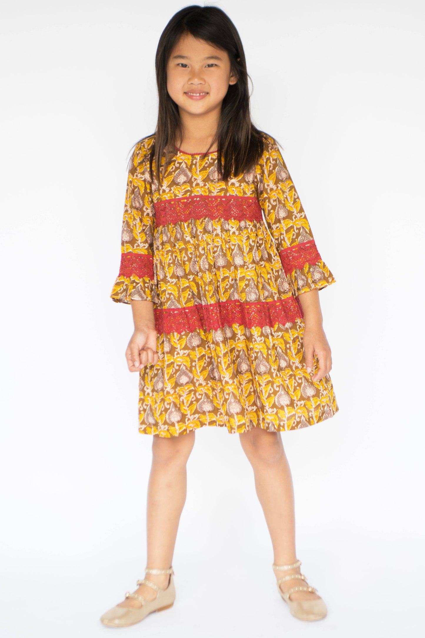 Yellow & Brown Floral Bell-Sleeve Dress Dress Yo Baby Wholesale 