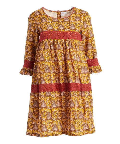 Yellow & Brown Floral Bell-Sleeve Dress Dress Yo Baby Wholesale 