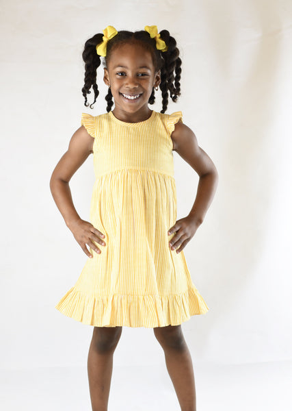 Yellow Pin-Stripe Flutter-Sleeve Dress Dress Yo Baby Wholesale 
