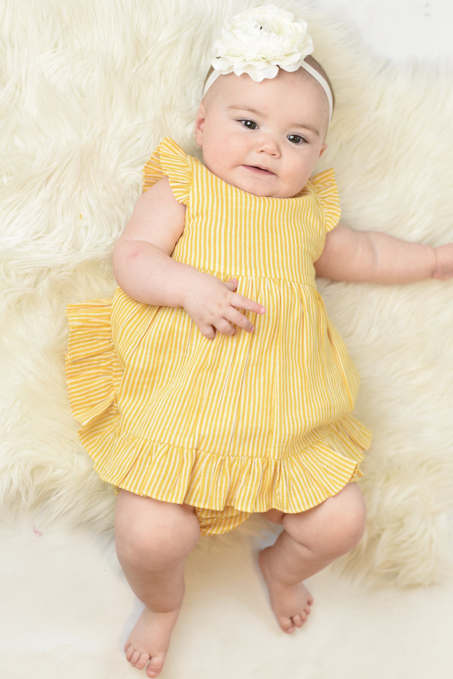 Yellow Pin-Stripe Flutter-Sleeve Dress With Belt-Tie & Diaper Cover Se Yo Baby India Yellow Pin-Stripe Flutter-Sleeve Dress With Belt-Tie & Diaper Cover Se Yo Baby India