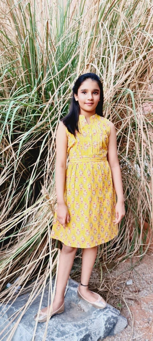 Yellow Printed Dress With Belt & Pleat Details Dress Yo Baby Wholesale 