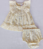 Yellow Solid Color Lurex Neck Ruffle Dress and Bloomers Yo Baby India 