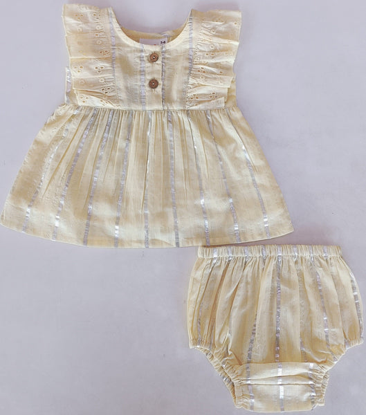 Yellow Solid Color Lurex Ruffle Dress and Bloomers dress & diaper cover, DRESS Yo Baby India 